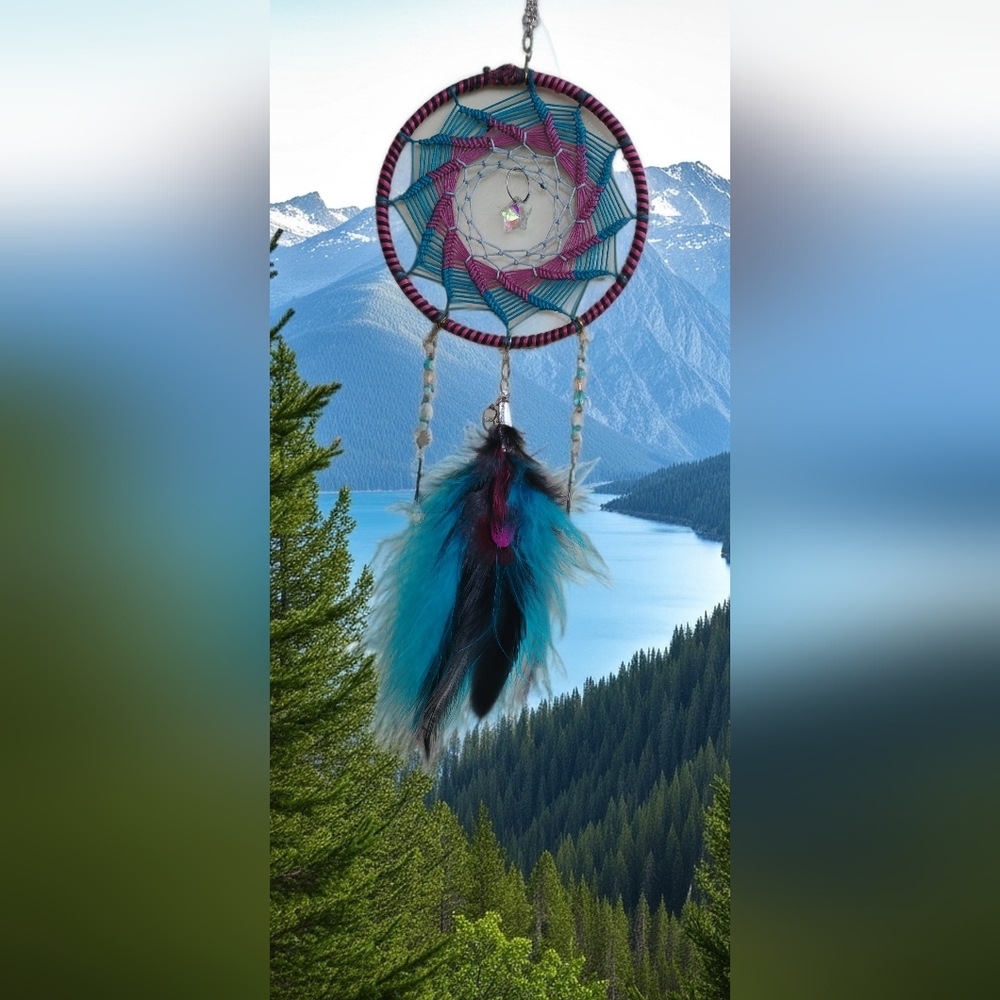 Handmade Dreamcatcher with AUTHENTIC Teal & Black Feathers With Magenta Accents